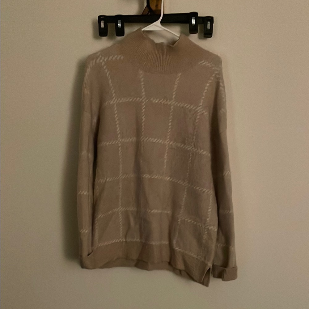 Chic Tan Sweater with White Grid Pattern